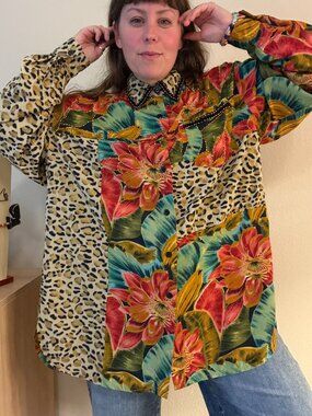 Vintage 90s Cache Animal Print Floral Print Beaded Button Down Blouse 1X